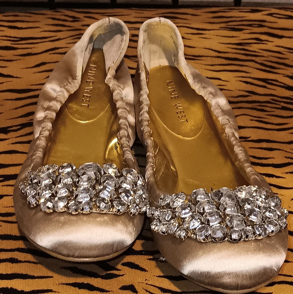 Nine West Champagne Satin Crystal Embellished Flats